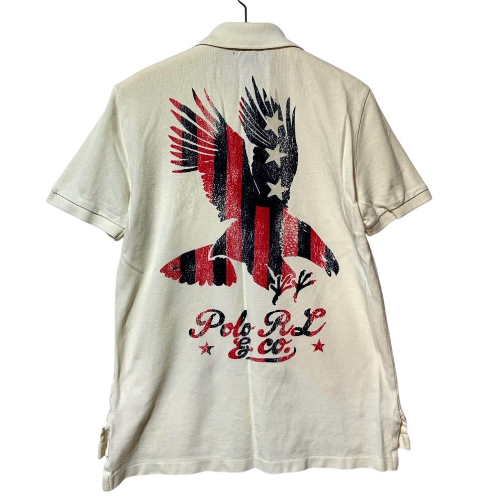 POLO RALPH LAUREN  Boy's White Pique Polo Patriotic Eagle Graphic | L (14-16)